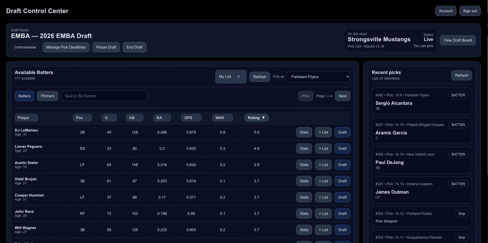 screenshot of draft room